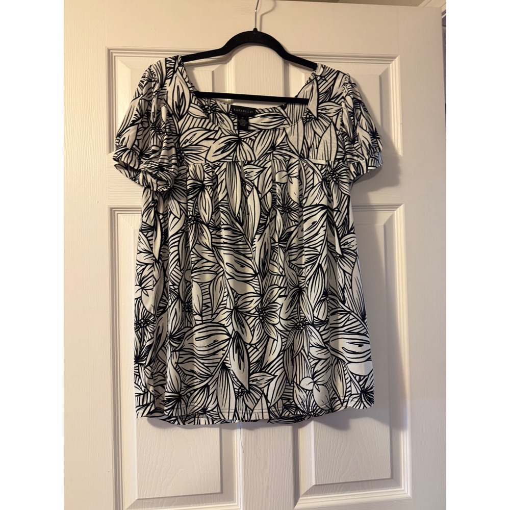 Rafaella Womens Medium Black White Floral Square Neck Short Sleeve Pleated Top